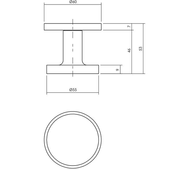 Voordeurknop plat ø55mm op achterplaat ø60mm éénzijdige montage aluminium F1