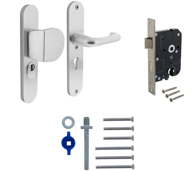 Set voordeurbeslag ovaal: SKG3 veiligheidsbeslag ovaal 250x50mm greep/kruk kt55 met SKG2 slot 55pc aluminium F1