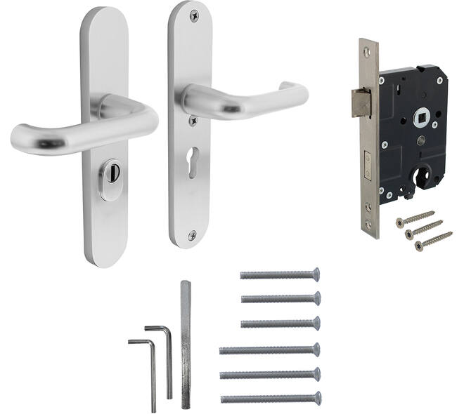 Set achterdeurbeslag ovaal: SKG3 veiligheidsbeslag ovaal 250x50mm kruk/kruk kt55 met SKG2 slot 55pc aluminium F1