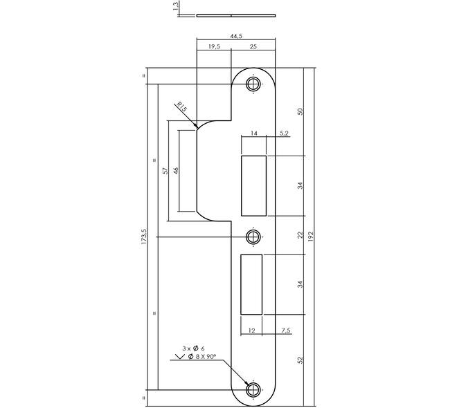 Sluitplaat 192x25x1,5mm tbv 55pc SKG sluitkom 950803 DIN rechts rvs