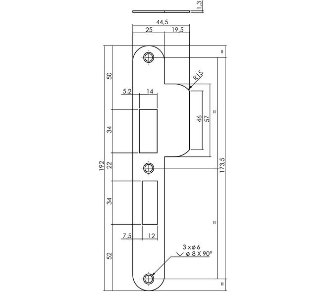 Sluitplaat 192x25x1,5mm tbv 55pc SKG sluitkom 950803 DIN links rvs