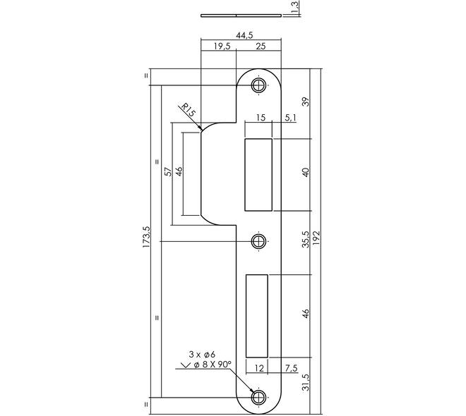 Sluitplaat 192x25x1,5mm tbv 72pc SKG sluitkom 950803 DIN rechts rvs