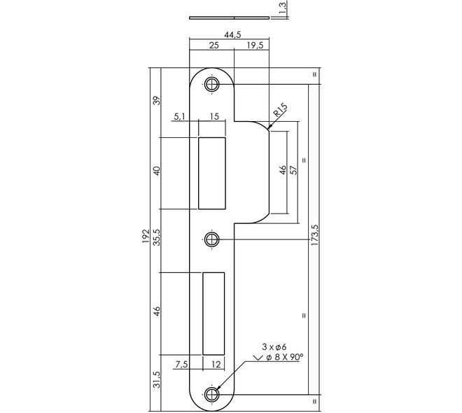 Sluitplaat 192x25x1,5mm tbv 72pc SKG sluitkom 950803 DIN links rvs