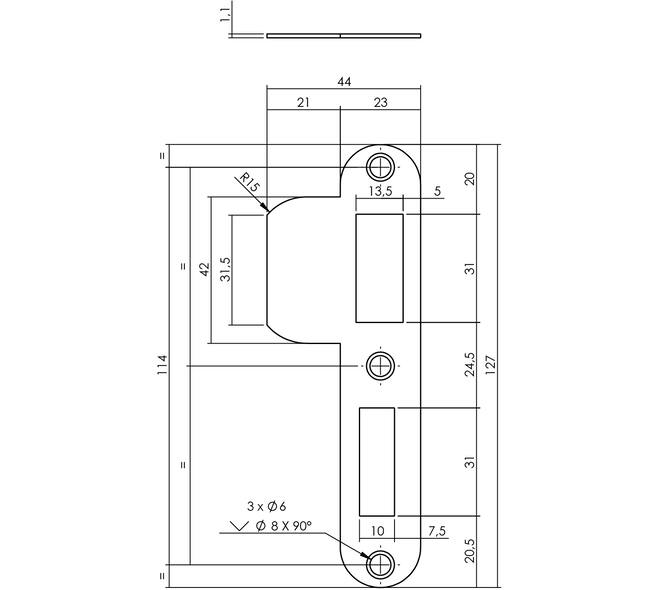 Sluitplaat 127x23x1,5mm tbv 55pc SKG sluitkom 950801 DIN rechts rvs