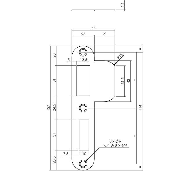Sluitplaat 127x23x1,5mm tbv 55pc SKG sluitkom 950801 DIN links rvs