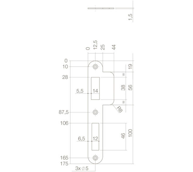 Sluitplaat 175x25/44x1,5mm tbv dag- en nacht schoot, afgerond met korte lip, rvs DIN links