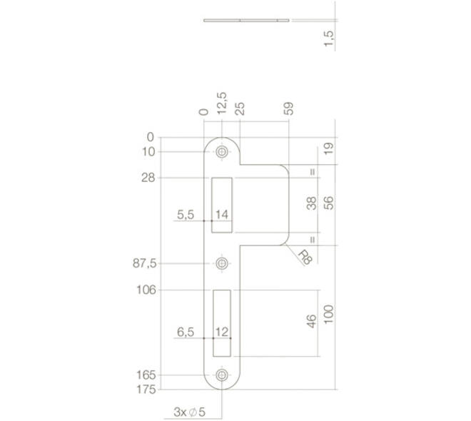 Sluitplaat 175x25/59x1,5mm tbv dag- en nacht schoot, afgerond met lange lip, rvs DIN links