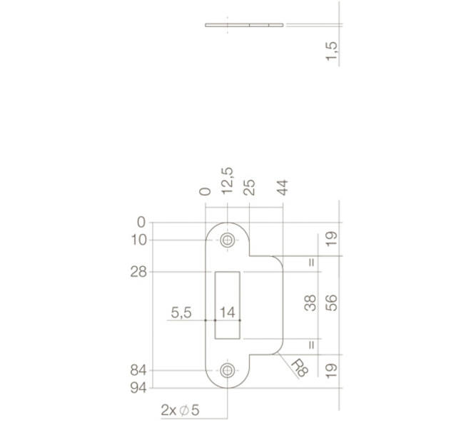 Sluitplaat 94x25/44x1,5mm tbv dagschoot, afgerond met korte lip, rvs