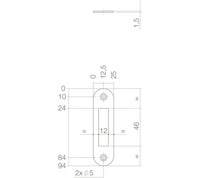 Sluitplaat 94x25x1,5mm tbv nachtschoot, afgerond, rvs