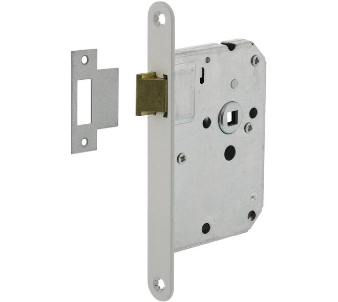 Woningbouw loopslot, voorplaat afgerond wit gelakt, 20x174, doorn 50mm incl. sluitplaat Industrieverpakking