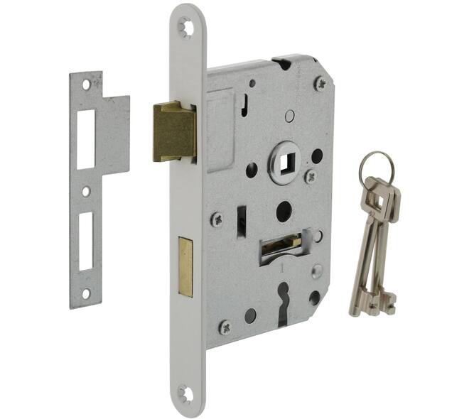 Woningbouw klavier dag- en nachtslot 55mm, voorplaat afgerond wit gelakt, 20x174, doorn 50mm incl. sluitplaat en 2 sleutels industrieverpakking