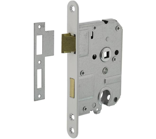 Woningbouw cilinder dag- en nachtslot 55mm, voorplaat afgerond wit gelakt, 20x174, doorn 50mm incl. sluitplaat industrieverpakking