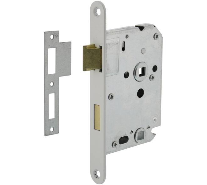 Woningbouw badkamer/toilet slot 63/8mm, voorplaat afgerond wit gelakt, 20x174, doorn 50mm incl. sluitplaat Industrieverpakking