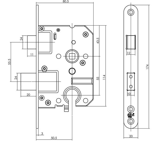 SKG1 veiligheidscilinderslot 55mm, rvs voorplaat afgerond 20x174