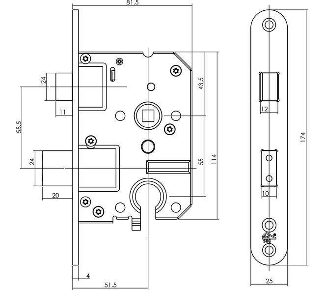 SKG2 veiligheidscilinderslot 55mm, rvs voorplaat afgerond 25x174