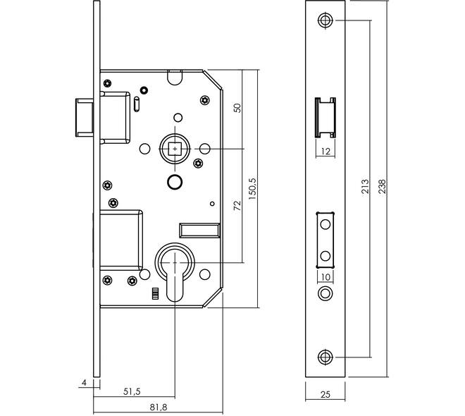SKG2 veiligheidscilinderslot 72mm, rvs voorplaat rechthoekig 25x238