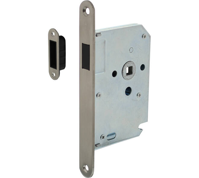 Woningbouw magneet loopslot, voorplaat afgerond rvs, 20x174, doorn 50mm incl. sluitplaat/kom