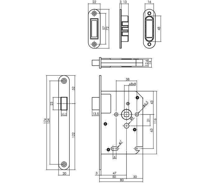 Woningbouw magneet loopslot, voorplaat afgerond rvs, 20x174, doorn 50mm incl. sluitplaat/kom