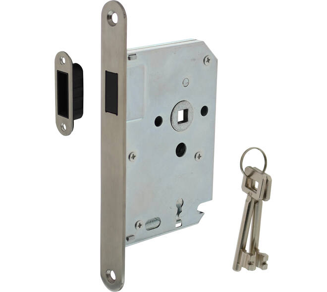 Woningbouw magneet klavier dag- en nachtslot 55mm, voorplaat afgerond rvs, 20x174, doorn 50mm incl. sluitplaat/kom en 2 sleutels