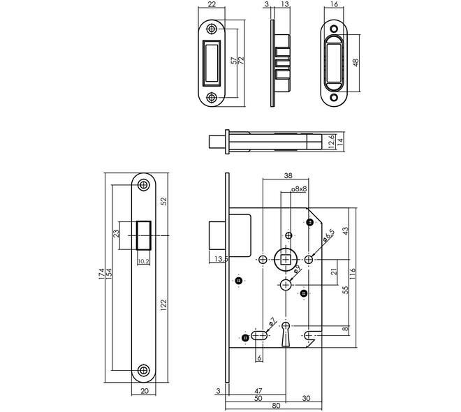 Woningbouw magneet klavier dag- en nachtslot 55mm, voorplaat afgerond rvs, 20x174, doorn 50mm incl. sluitplaat/kom en 2 sleutels