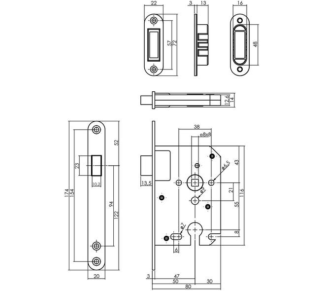 Woningbouw magneet cilinder dag- en nachtslot 55mm, voorplaat afgerond rvs, 20x174, doorn 50mm incl. sluitplaat/kom