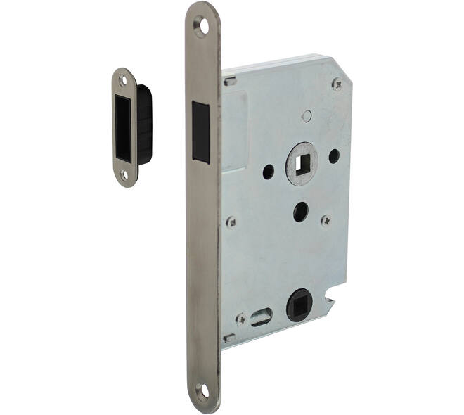 Woningbouw magneet badkamer/toilet slot 63/8mm, voorplaat afgerond rvs, 20x174, doorn 50mm incl. sluitplaat/kom