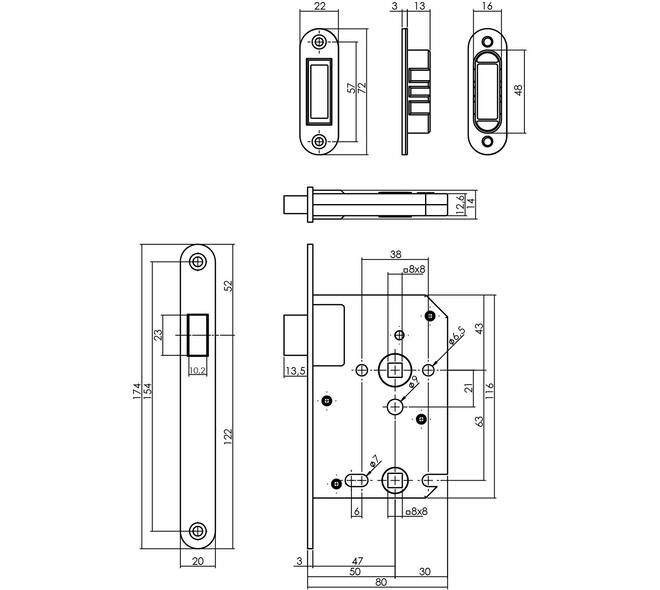 Woningbouw magneet badkamer/toilet slot 63/8mm, voorplaat afgerond rvs, 20x174, doorn 50mm incl. sluitplaat/kom
