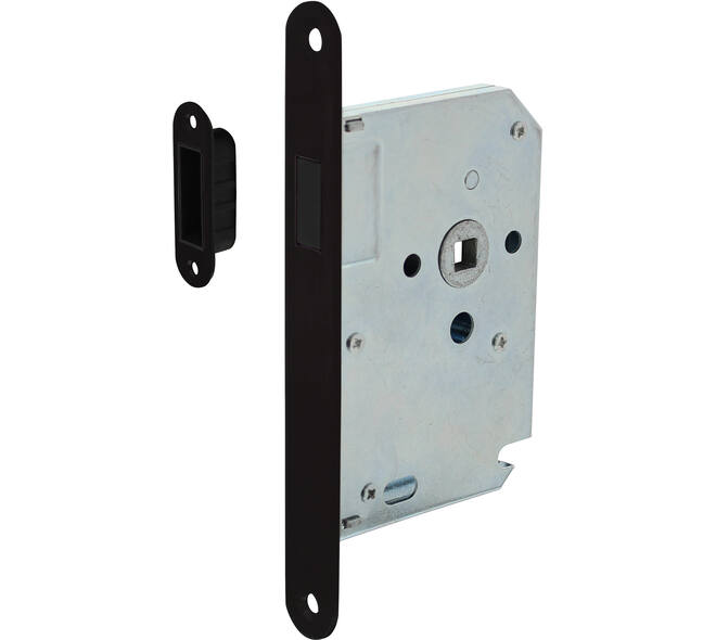 Woningbouw magneet loopslot, voorplaat afgerond zwart, 20x174, doorn 50mm incl. sluitplaat/kom