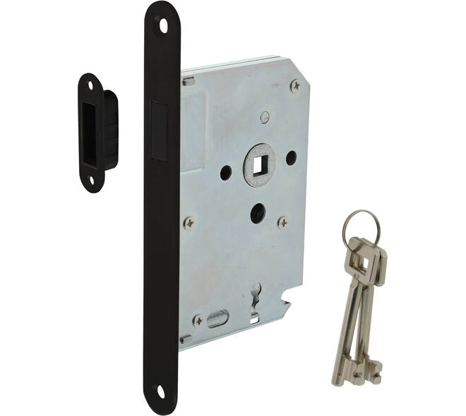 Woningbouw magneet klavier dag- en nachtslot 55mm, voorplaat afgerond zwart, 20x174, doorn 50mm incl. sluitplaat/kom en 2 sleutels