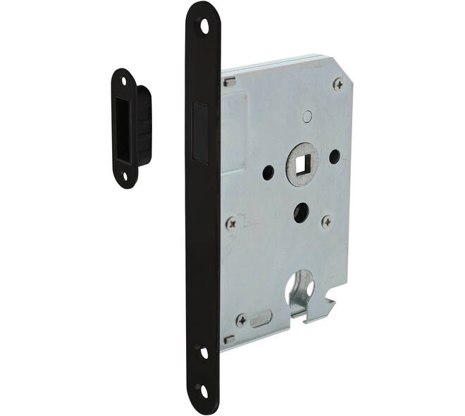 Woningbouw magneet cilinder dag- en nachtslot 55mm, voorplaat afgerond zwart, 20x174, doorn 50mm incl. sluitplaat/kom