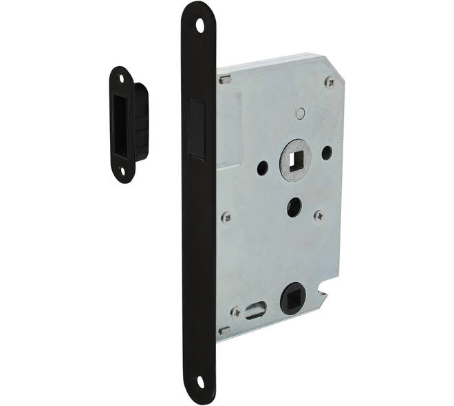 Woningbouw magneet badkamer/toilet slot 63/8mm, voorplaat afgerond zwart, 20x174, doorn 50mm incl. sluitplaat/kom