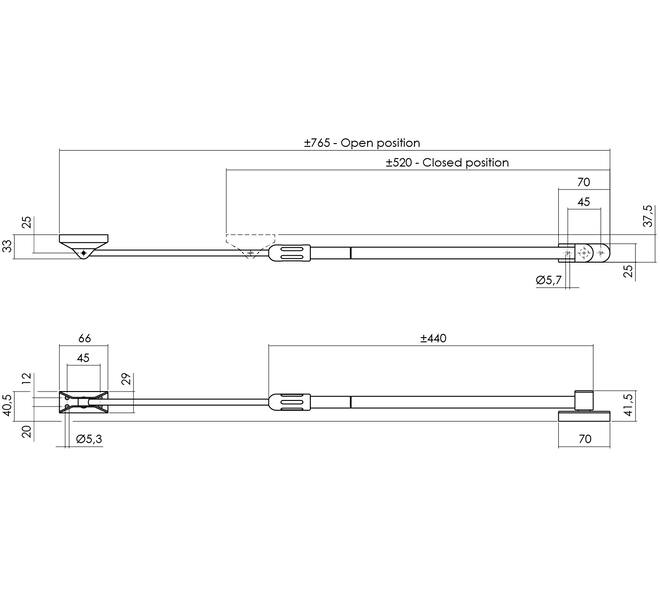 Telescopische uitzetter tbv buitendraaiend raam en deur, extra zwaar 520mm wit