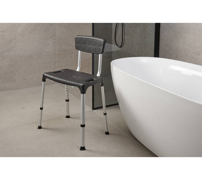 SecuCare Douchestoel Quattro verstelbaar zwart, rugleuning