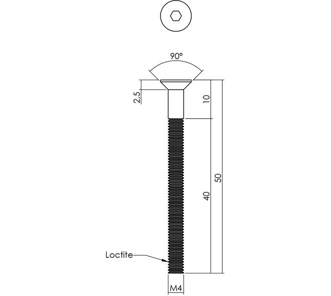 BI6K schroef PK RVS A4  dd.52-58mm voor FLush plaatschilden en plaatrozetten met borgmiddel loctite Bi6ksleutel 3.0mm