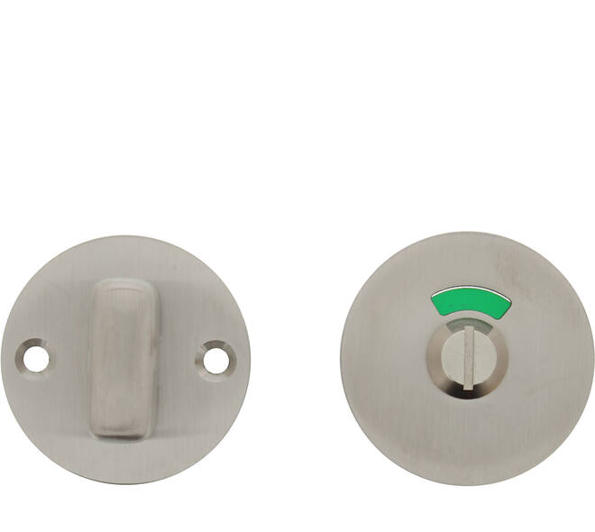 RVS geborsteld toiletgarnituur Ø53x2mm met rood/groen aanduiding compleet met draaiknop, vierkant stift 8mm en bevestigingsschroeven voor deurdikte 40mm h.o.h 38mm.