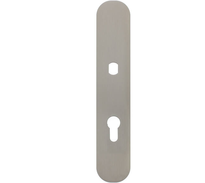 RVS flush afgerond langschild PC72 met Q-gat voor vaste knop en 3 draadbussen M4 240x45x2mm