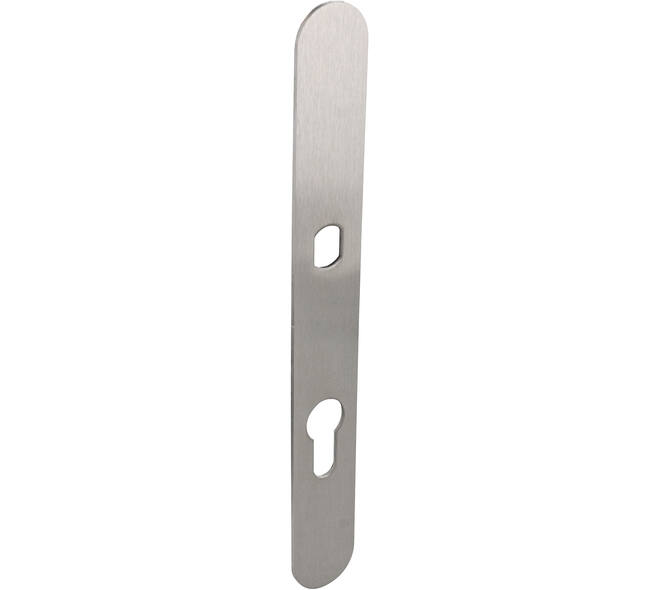 RVS flush afgerond smalschild PC72 met Q-gat voor vaste knop en 3 draadbussen M4 240x30x2mm