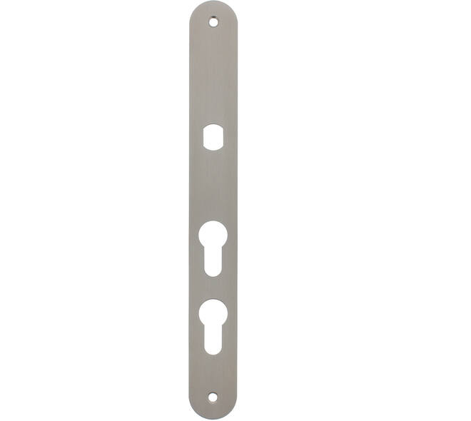 Smalschild RVS afgerond  m.Q gat PC60/PC108 255x32x2mm voor vaste knop met 2 bevestigingsgaten 4mm