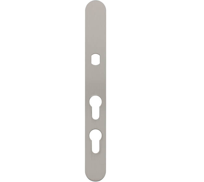 Smalschild RVS afgerond m.Q gat PC60/PC108 255x32x2mm voor vaste knop met 2 draadbussen M4