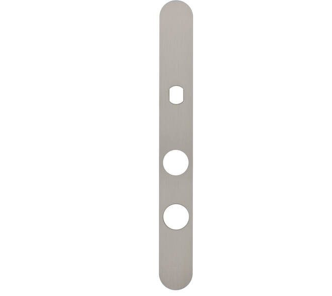 Smalschild RVS afgerond  m.Q gat RC60/RC108 255x32x2mm voor vaste knop met 2 draadbussen M4