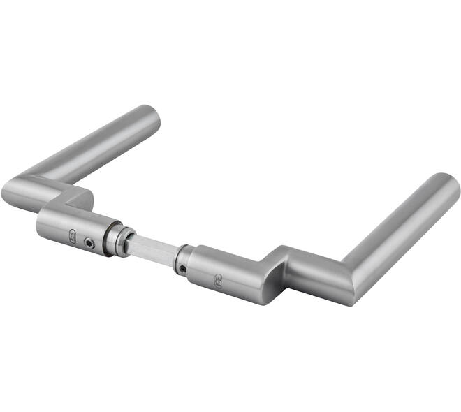 Deurkrukken verkropt haaks L-model roestvast staal mat geborsteld 152x62mm, Ø20mm met krukstift 8x72mm geschikt voor deur- en beslagdikte van 42-57mm. Gebruiksklasse 4, EN 1906: 2002-05 Geschikt voor inbouw in rook- en brandwerende deuren volgens DIN 18273: 1997 - 12