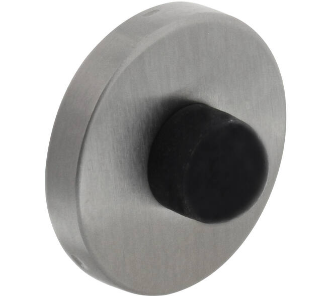 Deurbuffer wandbevestiging RVS rond 53x8mm click rozet met zwart rubber dop 20mm ter bescherming van de deurkruk. Montage op deurkrukhoogte.