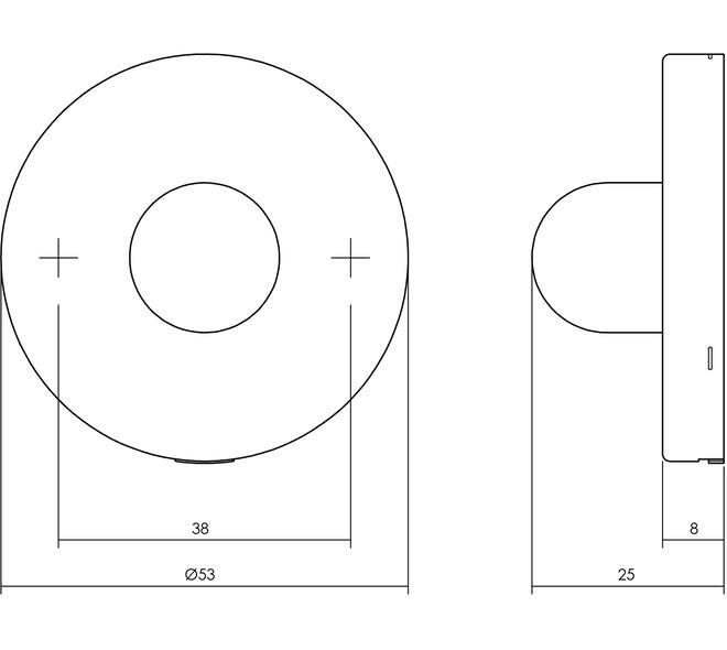 Deurbuffer wandbevestiging RVS rond 53x8mm click rozet met zwart rubber dop 20mm ter bescherming van de deurkruk. Montage op deurkrukhoogte.
