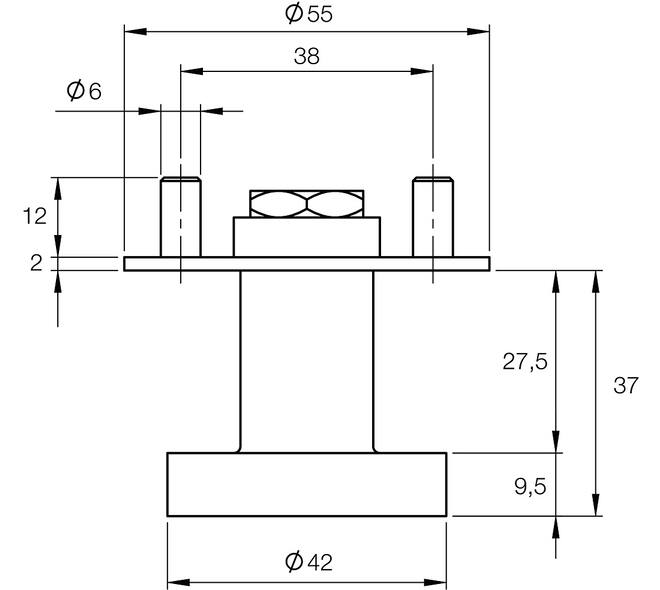 Vaste knop Ø50x10  op ronde rozet Ø55x2mm met draadbussen en inclusief wisselstift 8mm