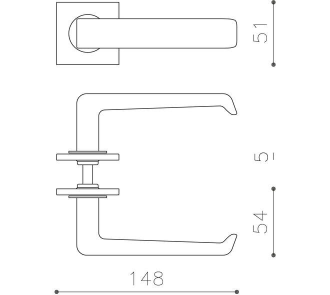 Olivari deurkruk Milano Q + vierkant geveerde rozet 51x5mm met nokken en doorgaande bevestiging Antraciet mat titaan PVD