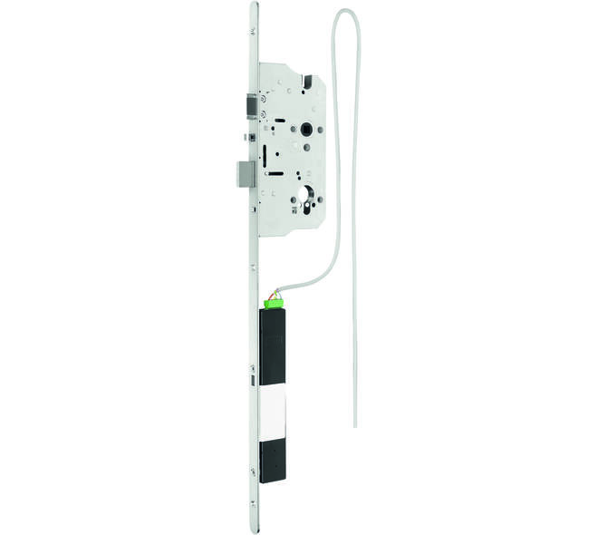 Motor hoofdslot RC2 paniek E+ PC72  doornmaat 65 mm RVS afgeronde voorplaat 20 x 3 mm L = 582 mm: 4-delige 9mm klemtuimelaar. Comfortdagschoot met blokkering, gehard stalen schoten, omkeerbaar DIN L + R bruikbaar. Automatische zelfvergrendeling met manipulatiebeveiliging (modi 2 + 4) 4 bedrijfsmodi en geluidssignaal instelbaar via DIP-schakelaar (modus 1 = fabrieksinstelling vanaf 30.04.2018). Aanbevolen aansluitkabel: 6-pins: 10 of 20m: 0,5 mm2 ingangen: opening en / of dagopening verbonden met aarde (GND) Uitgang: potentiaalvrij: max. 125VAC / 300mA of 30VDC / 1A Signaleringl: modus 1 «vergrendeld»: Modus 2 + 3 «deur gesloten + vergrendeld» Modus 4 is voor deur automaat aandrijving «open» zolang dag en nachtschoot zijn ingetrokken via de motor. Voeding: 24 VDC, 1,5 A (36 W):  12VDC, 3.9A (47W) optioneel ook mogelijk.Goedgekeurd voor brandwerendheid en rookbescherming, tests in overeenstemming met EN 1634-1.  Geschikt voor nood en paniekderuen EN179-EN1125 getest met Glutz 8615 roestvrijstalen paniekbalk.