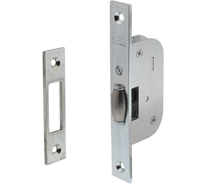 Smal tonrolslot met messing rolschoot verstelbaar, voorplaat verzinkt rechthoekig afmeting: 140x22mm, inclusief sluitplaat afmeting: 86x20mm