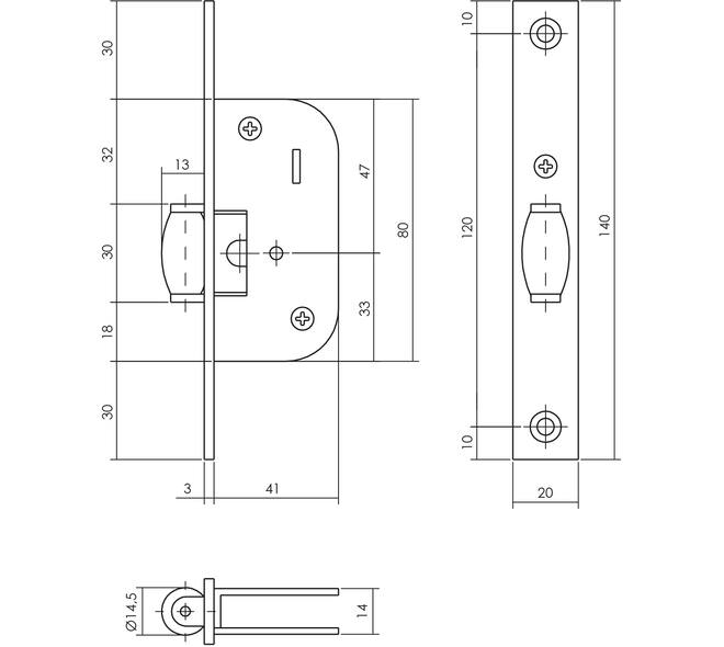 Smal tonrolslot met messing rolschoot verstelbaar, voorplaat verzinkt rechthoekig afmeting: 140x22mm, inclusief sluitplaat afmeting: 86x20mm