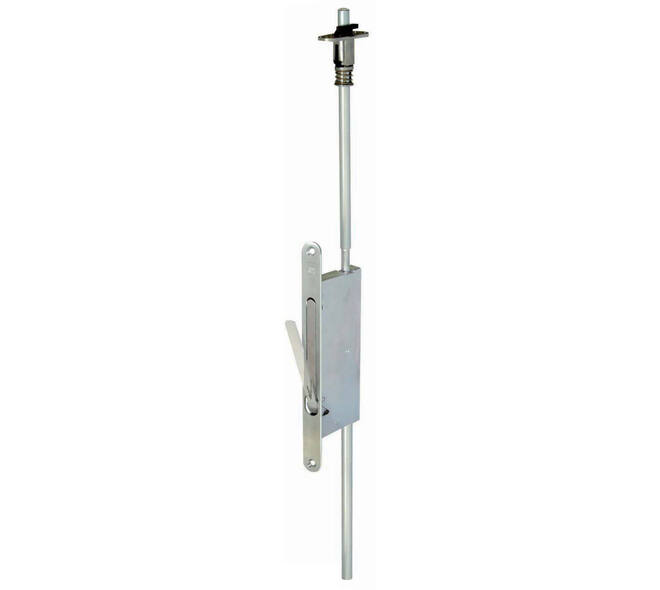 Espagnolet inbouw met RVS voorplaat 230x24mm zelfvergrendelend doornmaat 30mm compleet met stangen, geleider en bovensluiting. Let op: Boven sluitplaat en de ondersluitkom apart bestellen