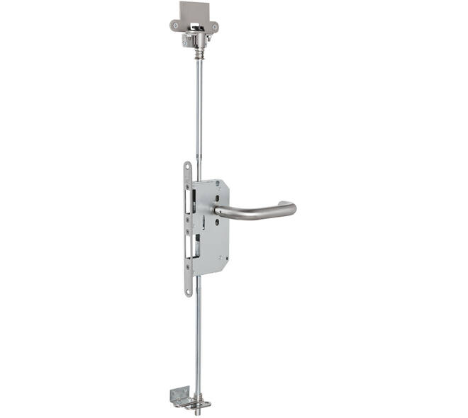 Zelfvergrendelende tegenkastespagnolet doornmaat 65mm voor dubbele paniekdeuren voorzien van 9mm tuimelaar vpl.25x235x3mm wordt compleet met onder en boven stang, geleider en zelfvergrendelende bovensluiting geleverd. Certificering EN 179-1125 en EN 1634-1 tot 3